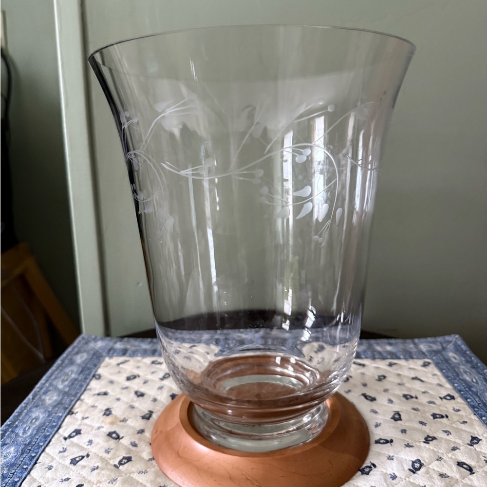 Longaberger RARE -Wood Base with Etched Glass Candle Holde